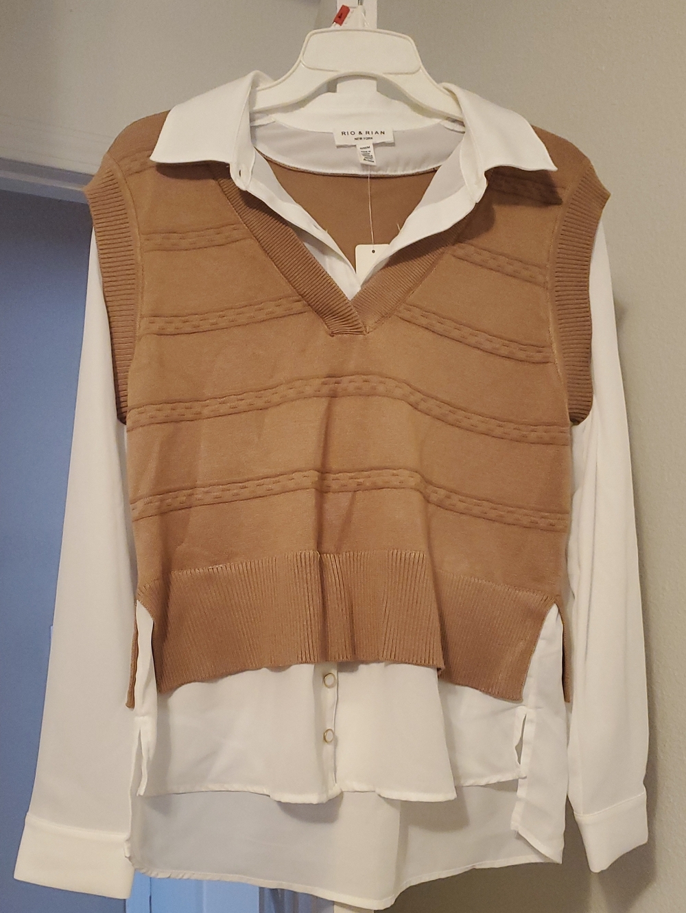Women's Tan Knit Vest Over White Blouse